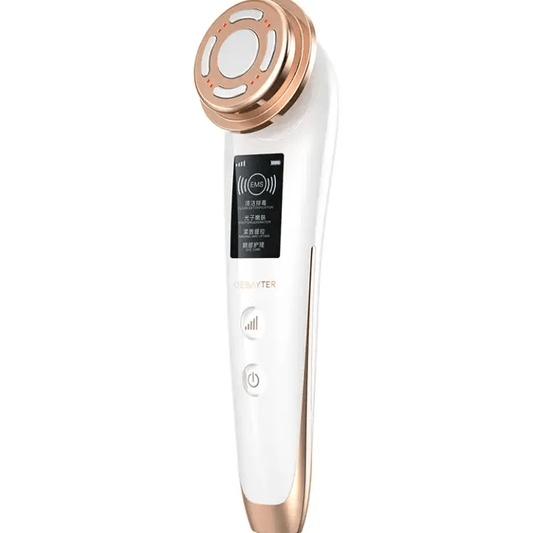 Microcurrent facial treatment device for rejuvenating skincare, featuring 5 intensity settings and a sleek design.