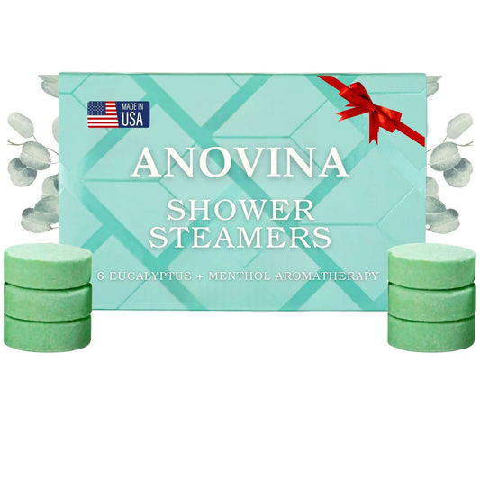 Anovina XL Eucalyptus Shower Steamers box with 6 aromatic steamers, made in USA, natural ingredients for a spa-like experience.