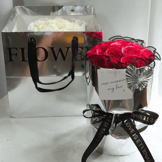 soap flower bouquet gift in elegant packaging, featuring red roses and white flowers, perfect for any occasion.