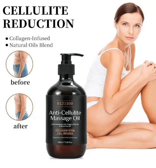 Anti-Cellulite Massage Oil bottle with before and after images, promoting relaxation massage oil benefits.