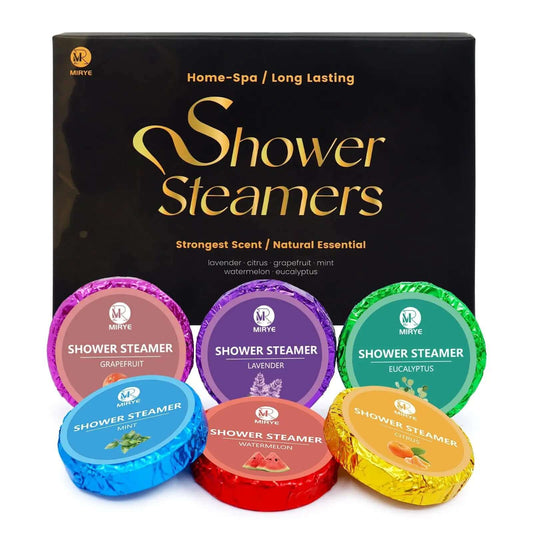 MR MIRYE Aromatherapy Shower Steamers 6-pack featuring Lavender, Citrus, Grapefruit, Mint, Watermelon, Eucalyptus.