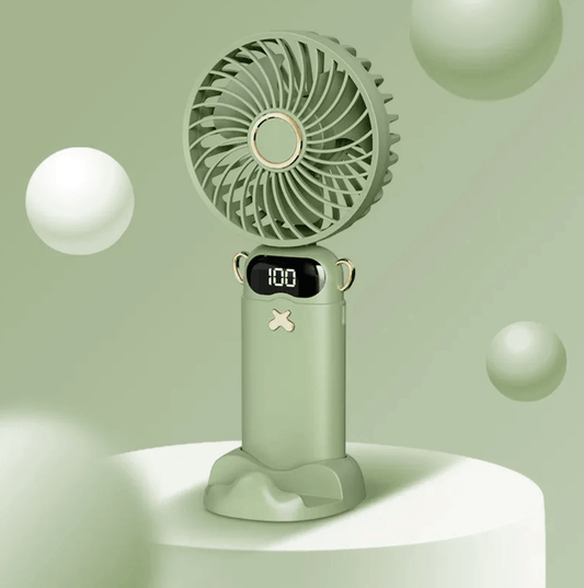 Portable aromatherapy fan with foldable design and digital display for on-the-go cooling and scent enjoyment.