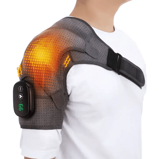 Heated electric massage pad worn on shoulder, providing soothing heat and massage for muscle relief.