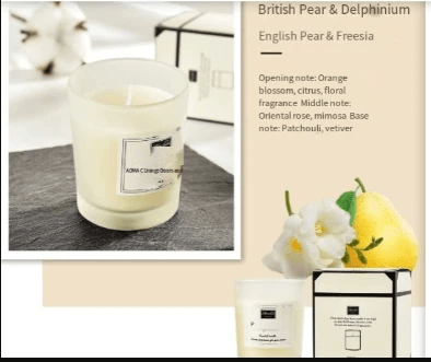 Aromatherapy soy candles featuring British Pear & Freesia scent, eco-friendly and perfect for creating a calming home atmosphere.