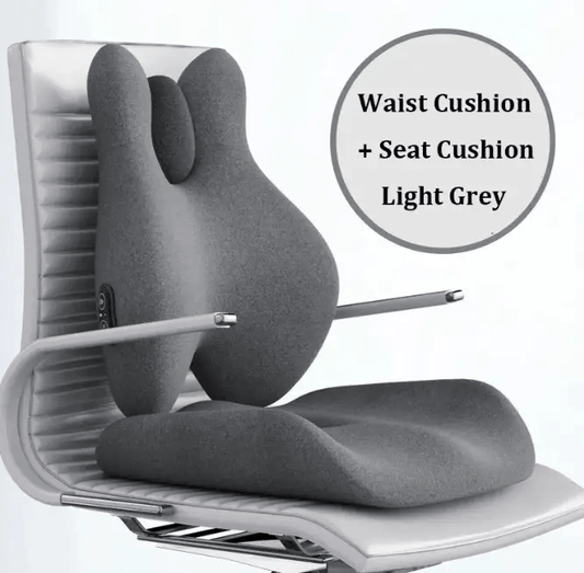 Massage heating backrest with waist and seat cushion in light grey for ergonomic support.