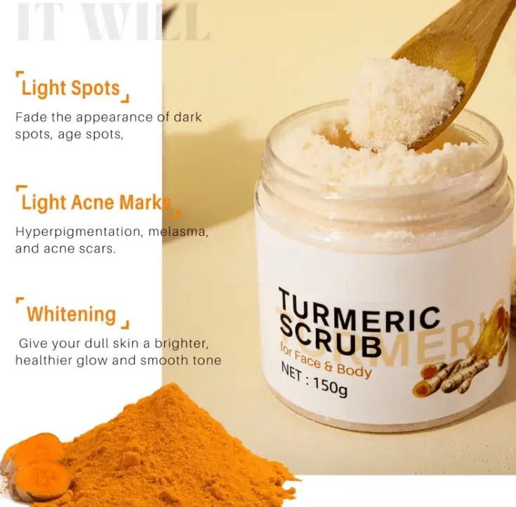 Turmeric scrub for glowing skin in a jar with exfoliating powder and turmeric root, promoting skin clarity.