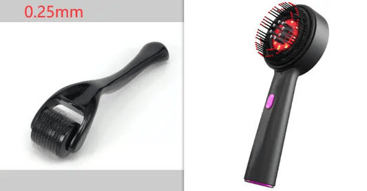 Image showcasing a 0.25mm derma roller and a scalp massage comb with red light therapy for hair rejuvenation.