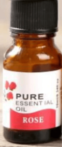A bottle of pure essential oil, specifically rose, ideal for aromatherapy and soothing experiences.