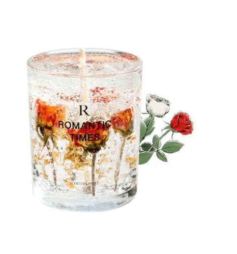 Luxury Jelly Wax Candles in a clear glass featuring dried roses and gold accents, offering elegance and ambiance.