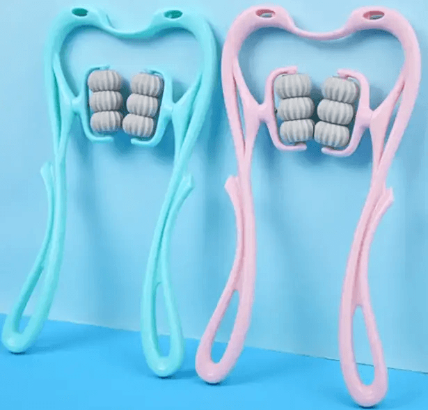 Multifunctional manual neck massager roller available in blue and pink for targeted muscle relief.