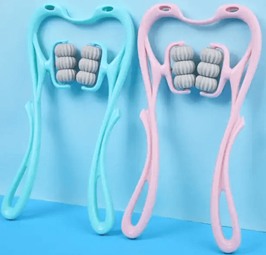 Multifunctional manual neck massager roller available in blue and pink for targeted muscle relief.