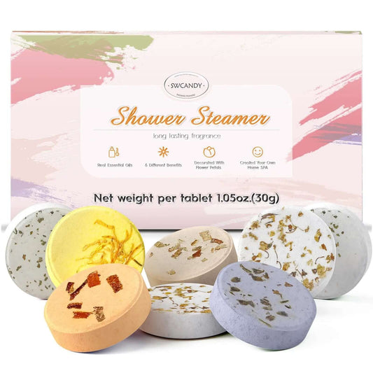 Aromatherapy shower steamers from SWCANDY in assorted colors and scents ideal for gifting, featuring a long-lasting relaxing formula.