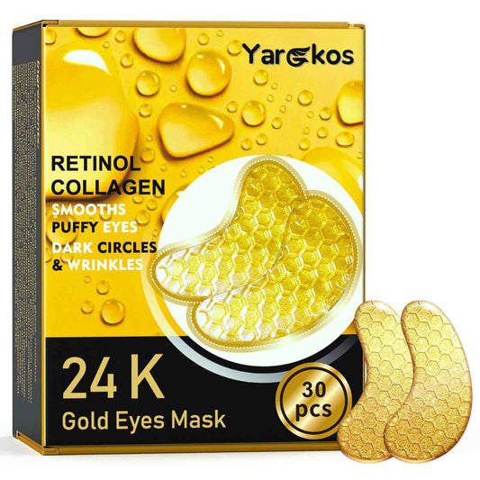 Yargkos 30 Pcs 24K Gold Under Eye Patches Kit Collagen Golden Eye Mask for Puffy Eyes Dark Circles Women Travel Undereye Gel Pads for Puffiness Wrinkle Men Cooling Hydrating Eye Skin Care