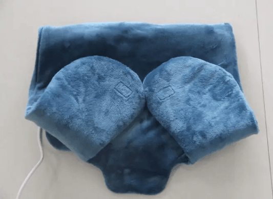 Heated massage shawl and gloves in soft blue fabric, designed for relaxation and muscle relief.