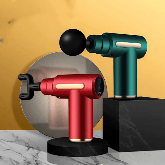 best massage gun in red and green colors with digital display against a yellow background