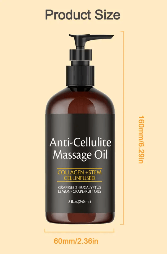 Anti-Cellulite Massage Oil bottle showcasing product size and ingredients for effective skin treatment.