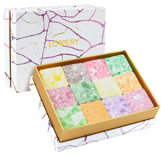 Valentine aromatherapy shower steamers variety pack in stylish box with assorted colorful shower bombs.