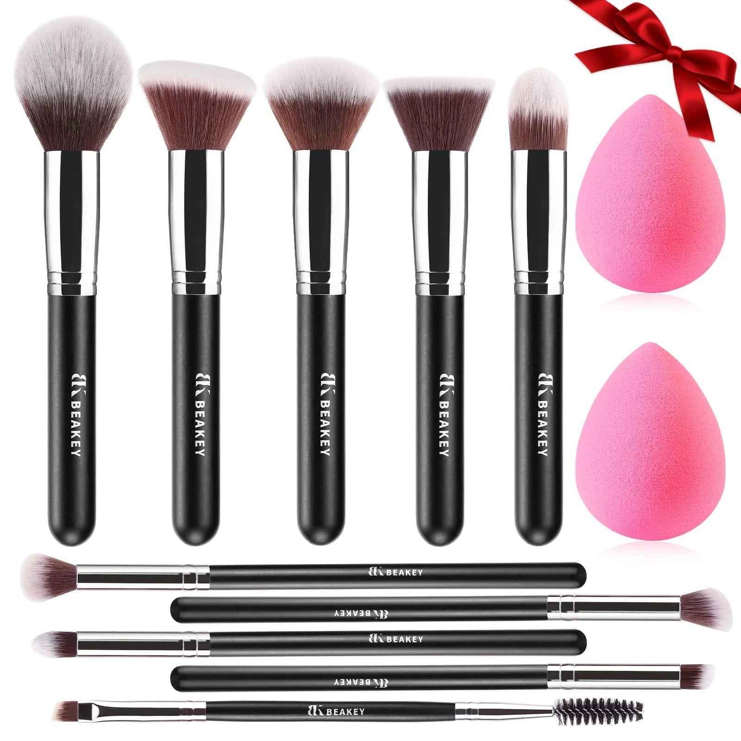 BEAKEY Makeup Brushes Set Professional Foundation Eyeshadow Concealer Blush Powder Bronzer Applicator 2 Blender Sponge wit Beauty Paper Case Valentines Day Gifts for Her