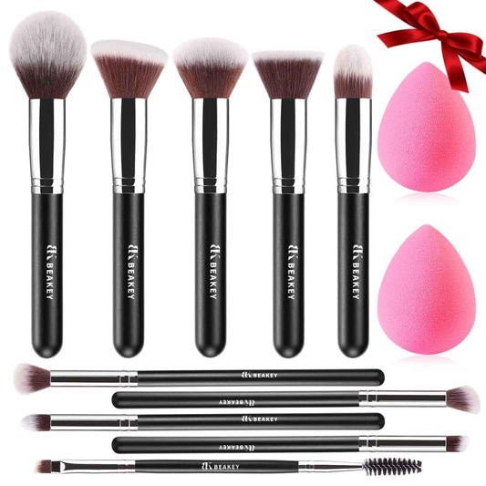BEAKEY Makeup Brushes Set Professional Foundation Eyeshadow Concealer Blush Powder Bronzer Applicator 2 Blender Sponge wit Beauty Paper Case Valentines Day Gifts for Her