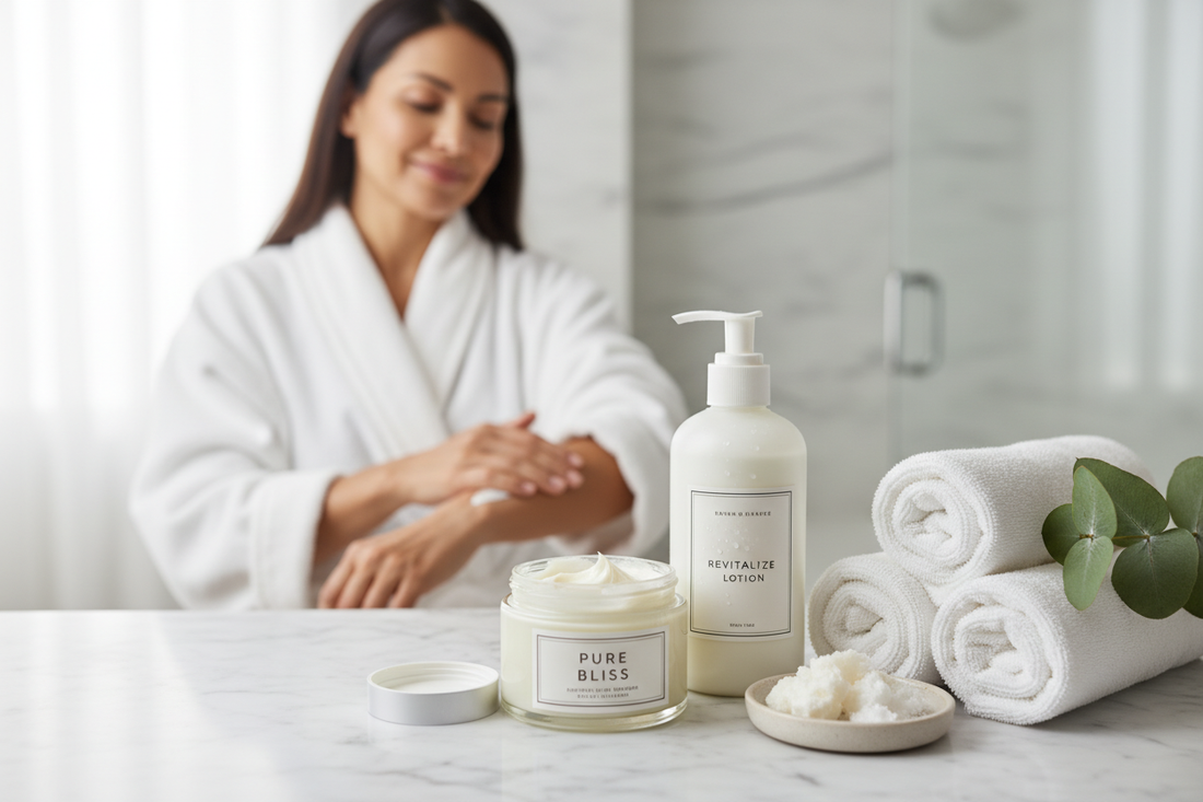Luxury hydrating body care products for radiant skin and self-care routines in a spa-like setting