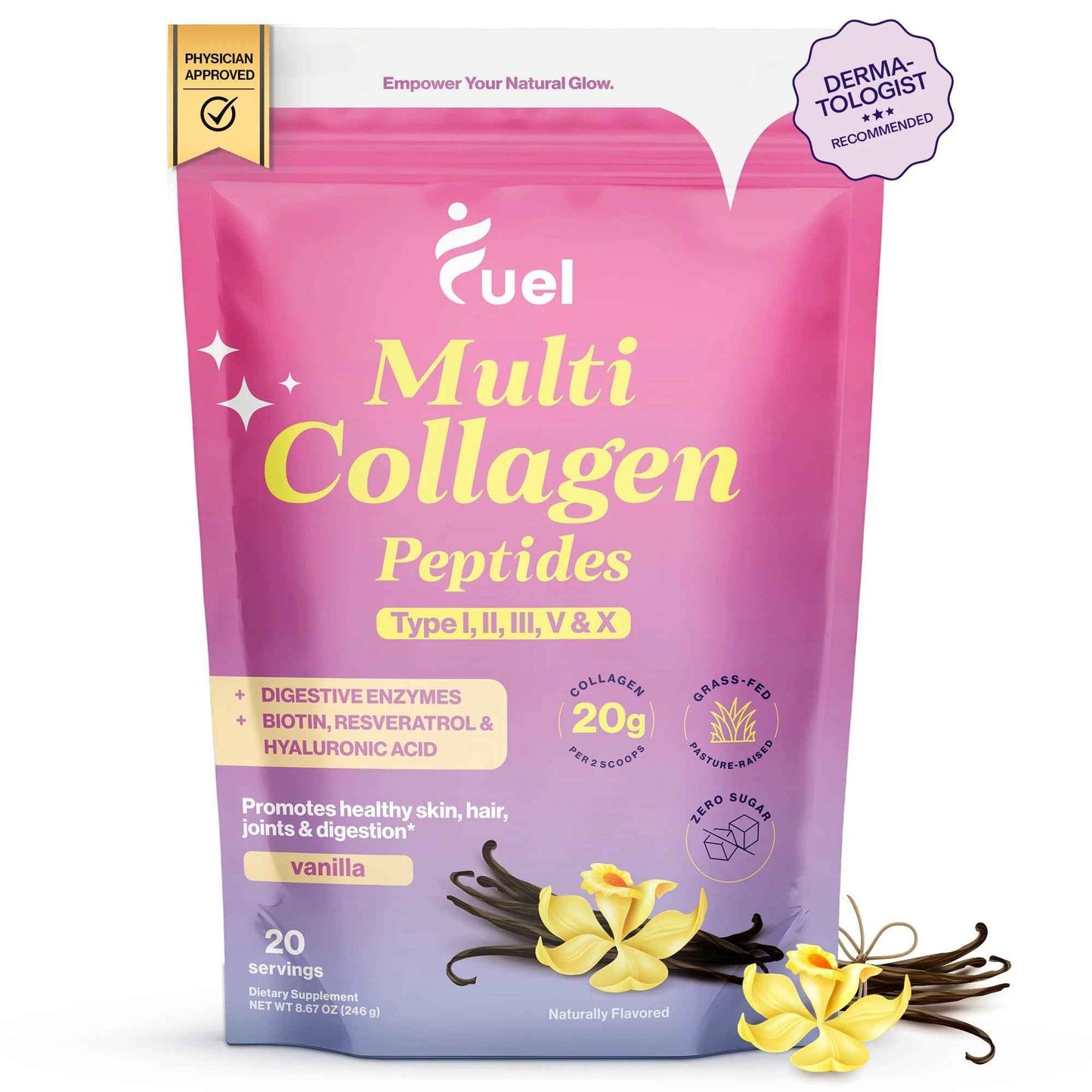 Fuel Multi Collagen Protein - Multi Collagen Peptides Powder for Women with Hyaluronic Acid & Biotin Collagen Packets Promote Skin Hair & Nail Health Hydrolyzed Collagen Peptides French Vanila