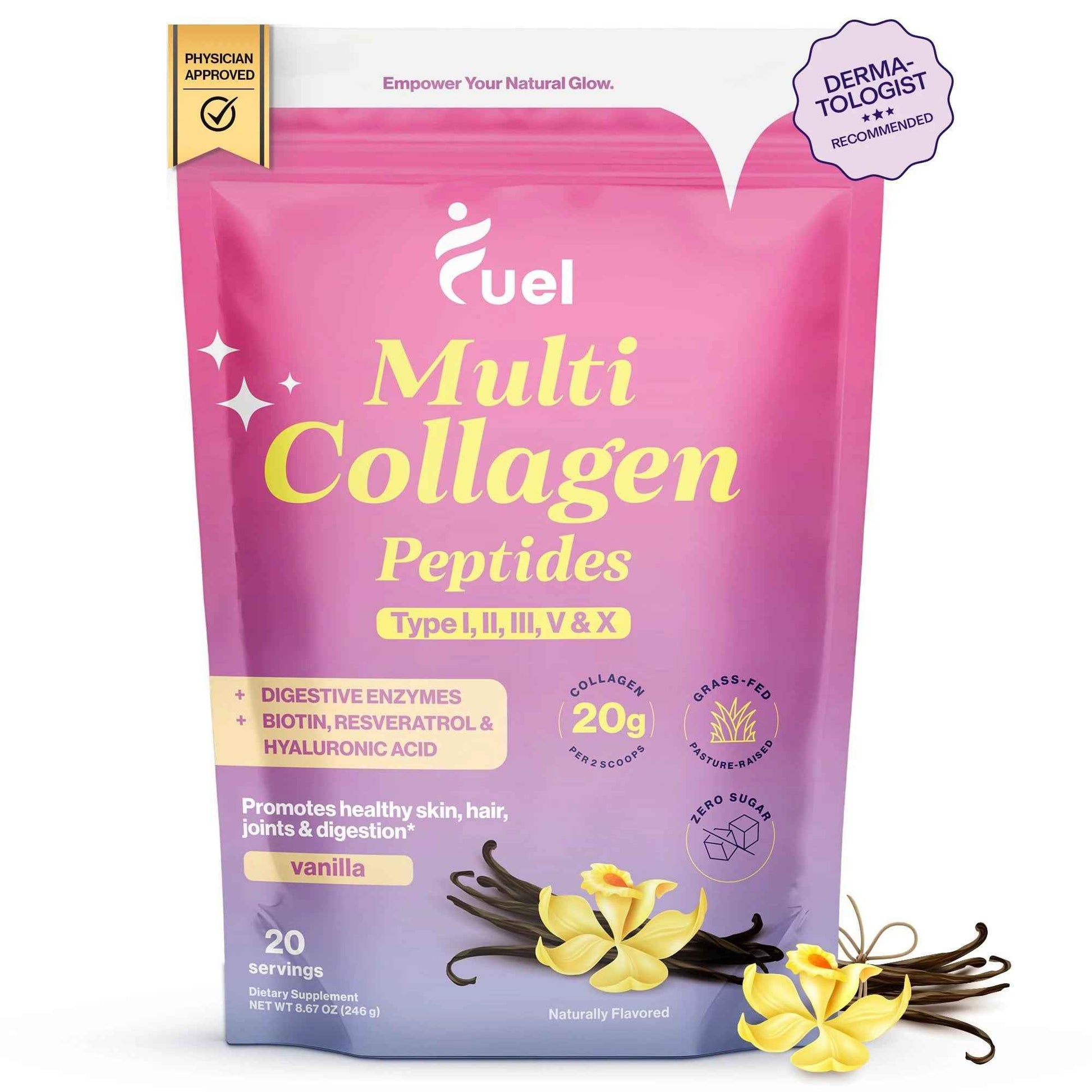 Fuel Multi Collagen Protein - Multi Collagen Peptides Powder for Women with Hyaluronic Acid & Biotin Collagen Packets Promote Skin Hair & Nail Health Hydrolyzed Collagen Peptides French Vanila