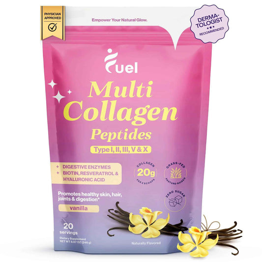 Fuel Multi Collagen Protein - Multi Collagen Peptides Powder for Women with Hyaluronic Acid & Biotin Collagen Packets Promote Skin Hair & Nail Health Hydrolyzed Collagen Peptides French Vanila