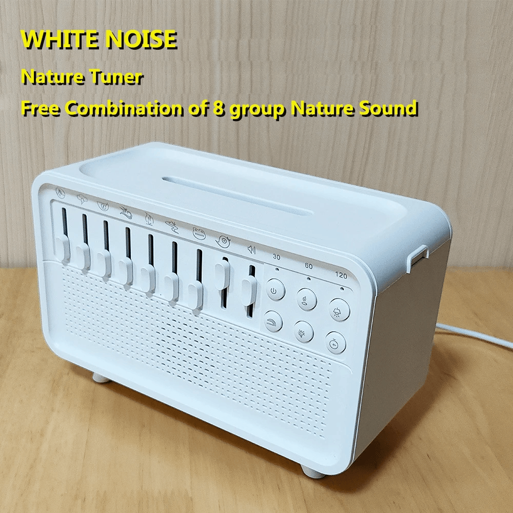 White noise aromatherapy lamp with nature sounds, control panel, and compact design for relaxation and sleep.