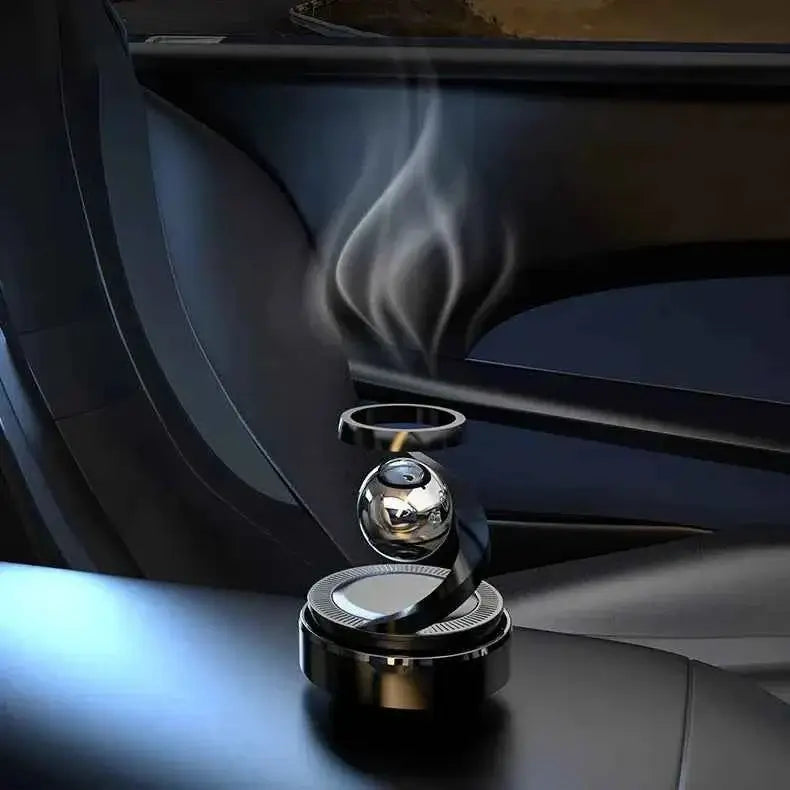 Solar car aromatherapy diffuser with aromatic smoke in a stylish car interior.