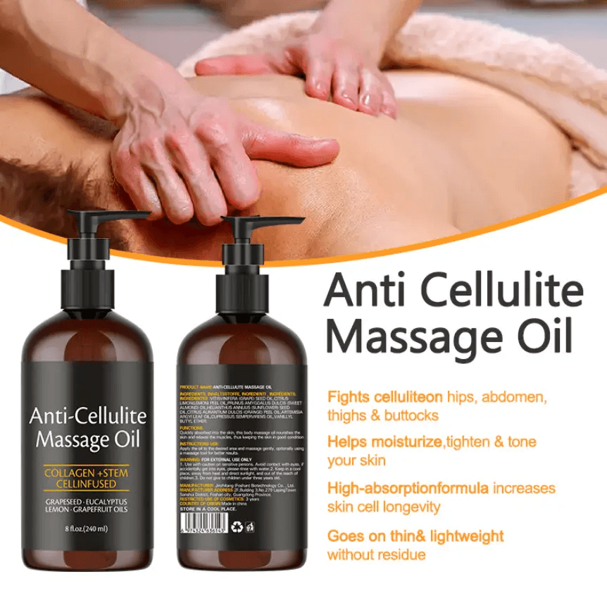 Anti Cellulite Massage Oil in use, promoting skin longevity and targeted moisture for a smooth appearance.