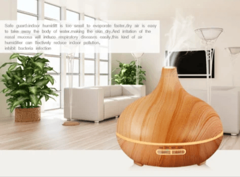 Elegant wood grain aromatherapy diffuser with remote control and two mist modes for a calming atmosphere.