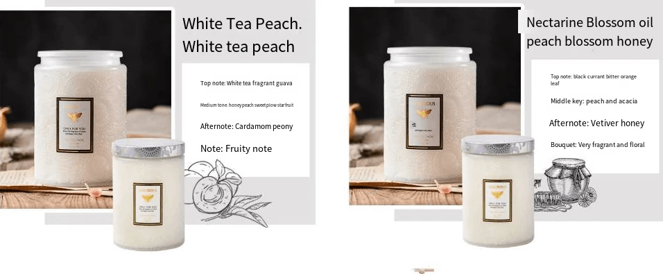 White Tea Peach and Nectarine Blossom oil peach blossom honey embossed glass soy candles displayed elegantly.