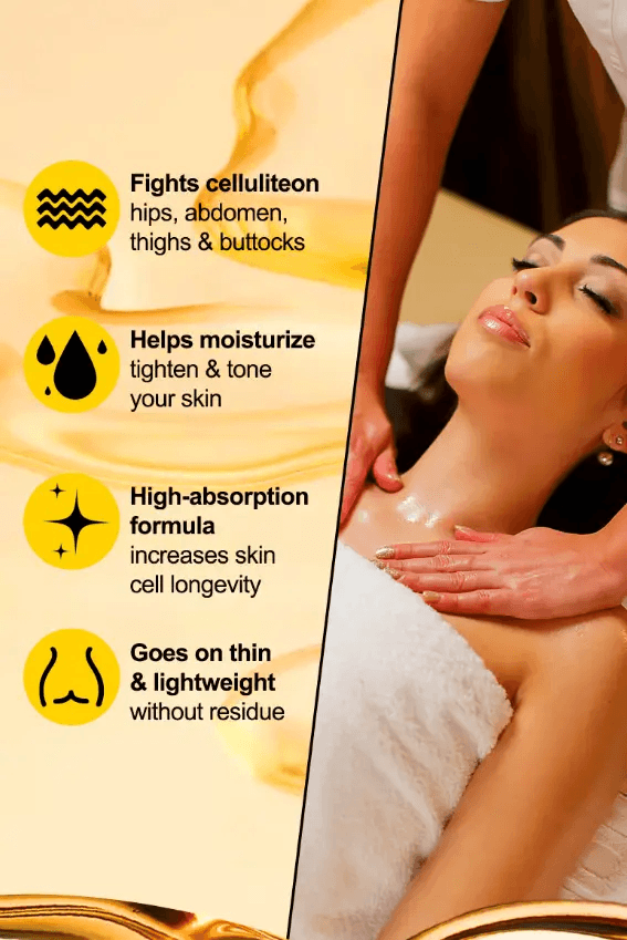 Body Massage Oil benefits illustration, showing skin nourishing, lightweight, and high-absorption features.