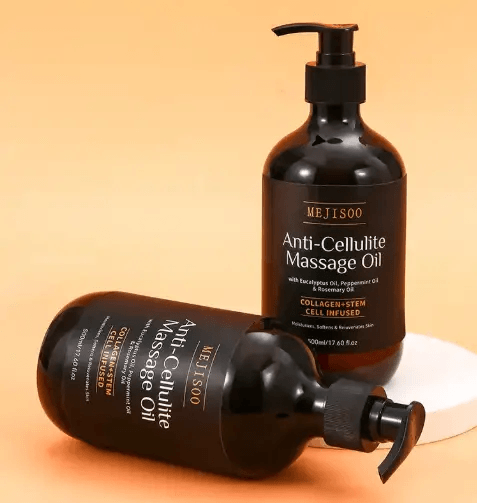 Anti-Cellulite Massage Oil bottles with eucalyptus oil and collagen-stem cell infusion for smooth skin.
