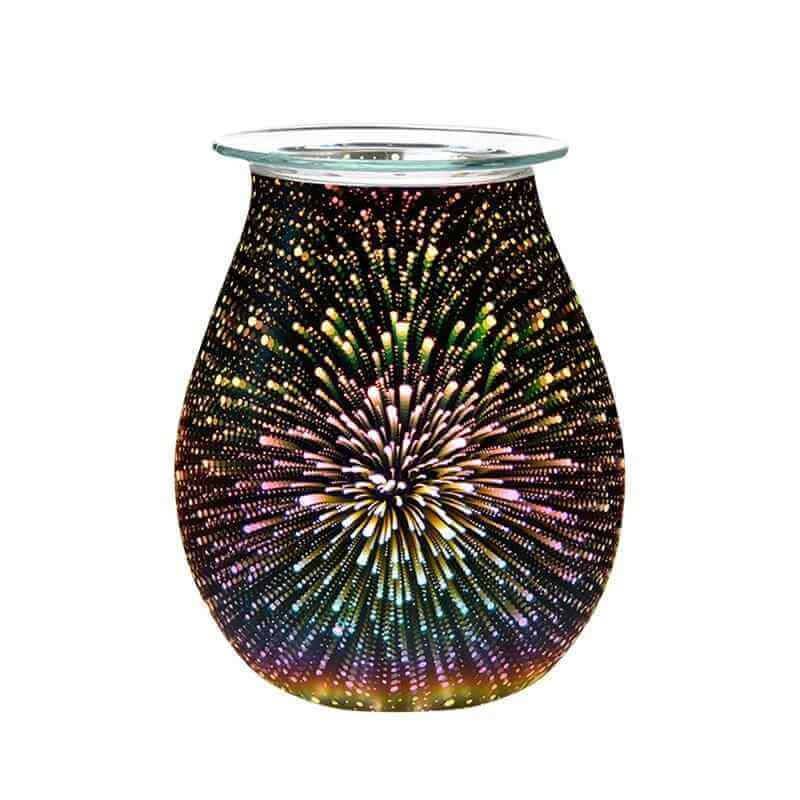 Aromatherapy lamp with candle burner featuring a colorful fireworks design that enhances home ambiance.