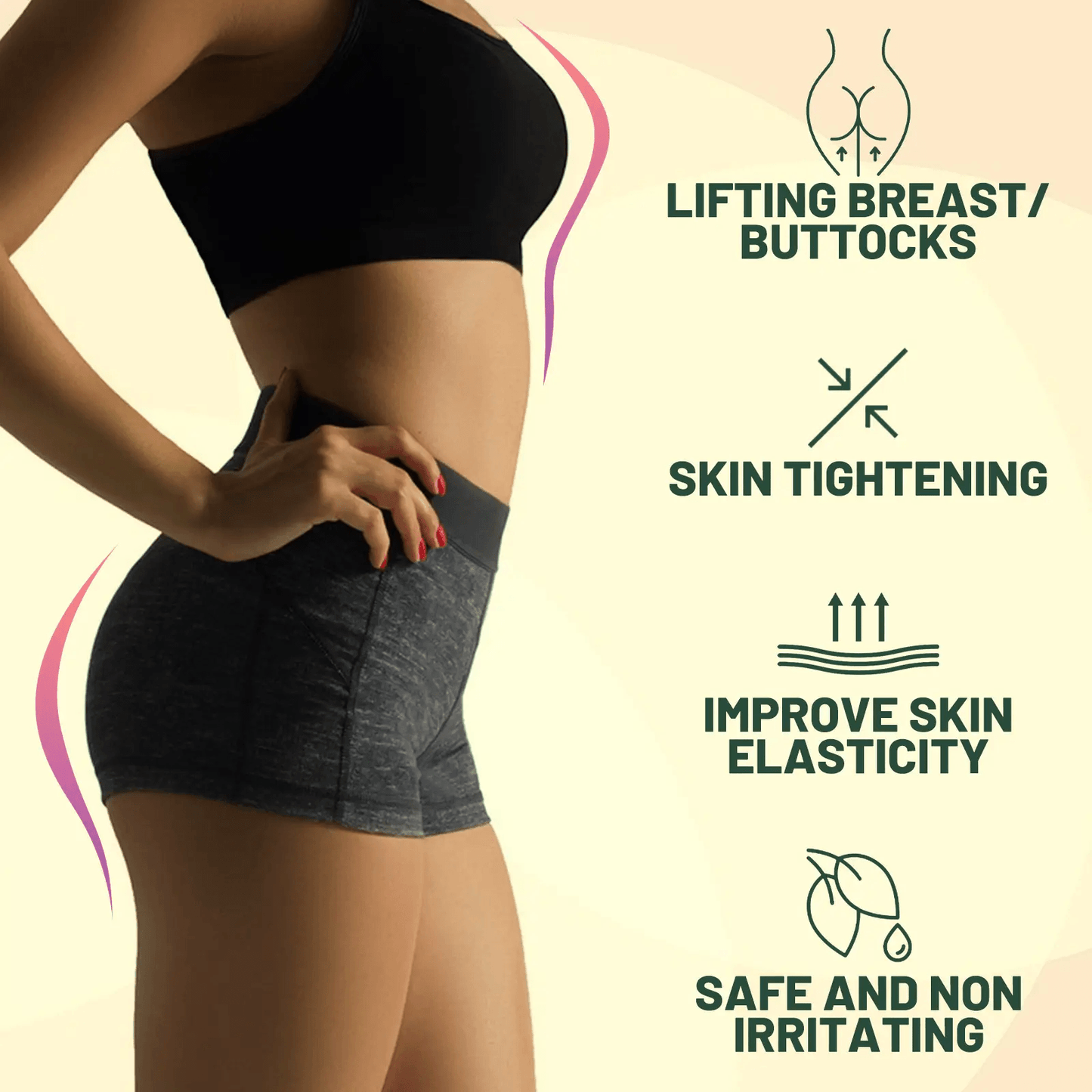Collagen Body Treatment Oil benefits include lifting breast/buttocks, skin tightening, and improving skin elasticity.