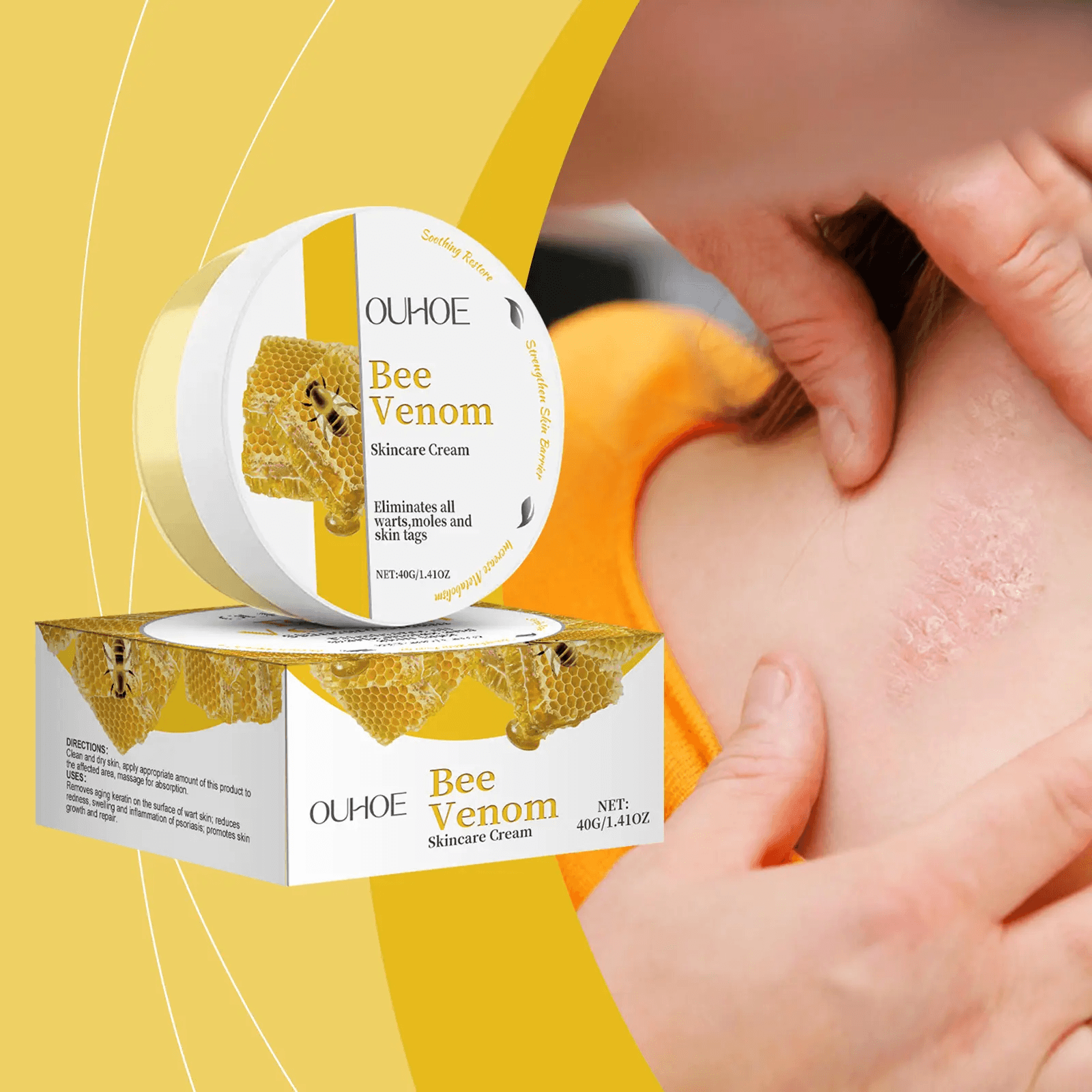 Bee Venom skincare cream in use on skin, showcasing its hydrating and nourishing properties.