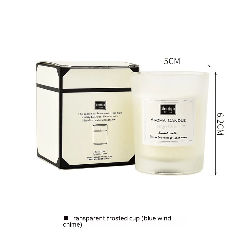 Handmade aromatherapy candle in a transparent frosted cup with packaging, promoting fresh air and relaxation.