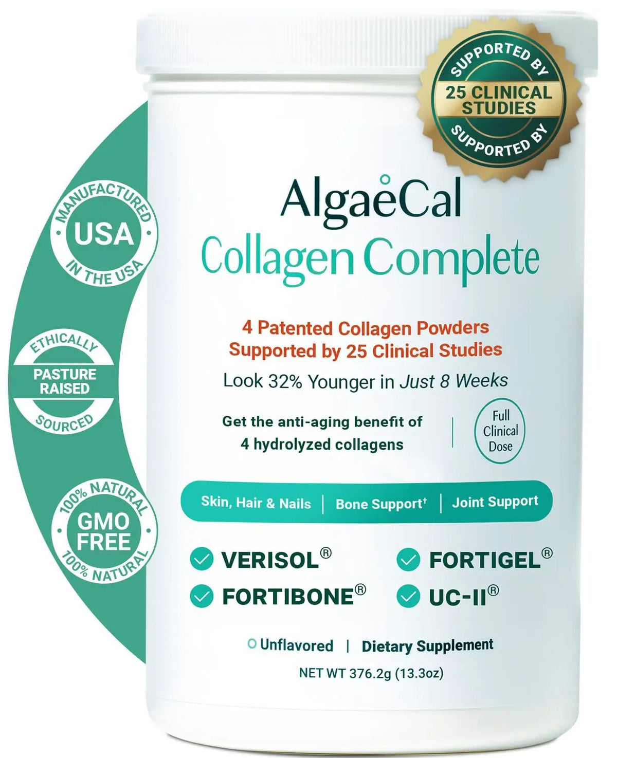 ALGAECAL Hydrolyzed Collagen Complete - Anti-Aging Collagen Powder with Clinically-Supported Beauty Collagen Patented Formulation Verisol Fortibone & Fortigel Multi Collagen Peptides 30 Servings by Pampering Heaven