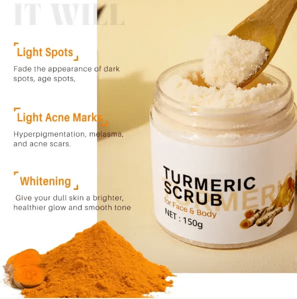 Body scrub for face and body, turmeric scrub in jar with natural ingredients, brightening skin and reducing spots.