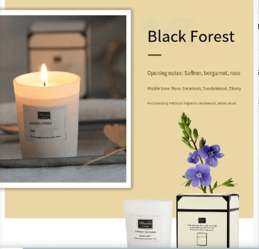 Aromatherapy soy candles in Black Forest scent with notes of saffron and rose, creating a tranquil ambiance at home.