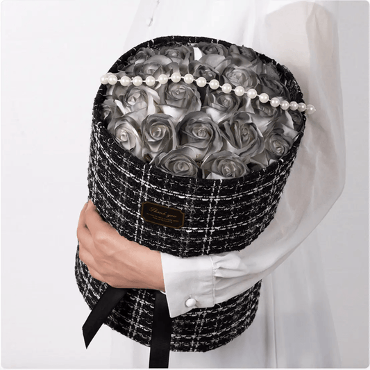 Classic Blue Rose Soap Bouquet in a stylish black and white basket, featuring elegant silver roses and pearl accents.