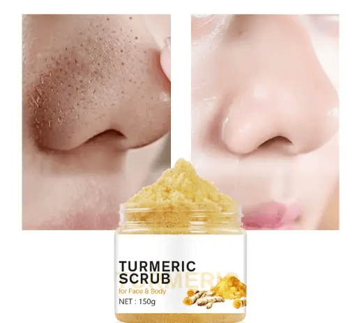 Turmeric Scrub for face and body in jar with before and after images of exfoliated skin.