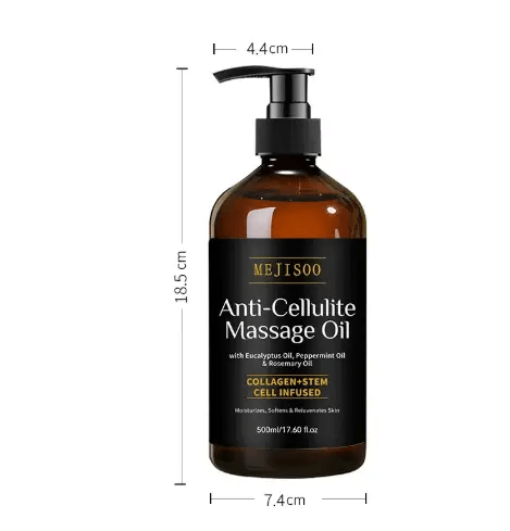 Anti-Cellulite Massage Oil bottle with eucalyptus and peppermint oils for skin moisturizing.