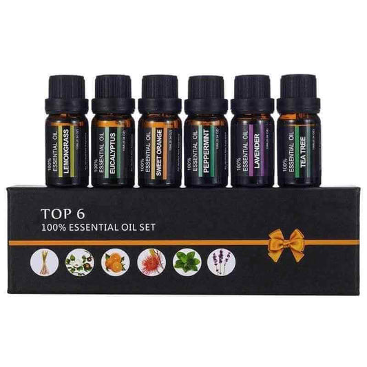 Essential oil blends for relaxation set featuring six 10ml bottles: Lemongrass, Eucalyptus, Sweet Orange, Lavender, Tea Tree.