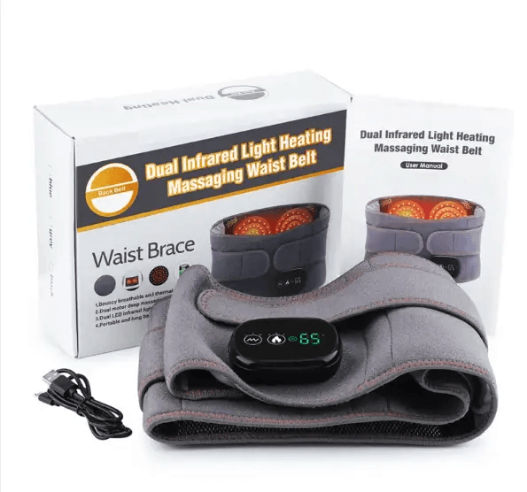electric heating massage belt with remote control and user manual, designed for comfortable waist support and relaxation.