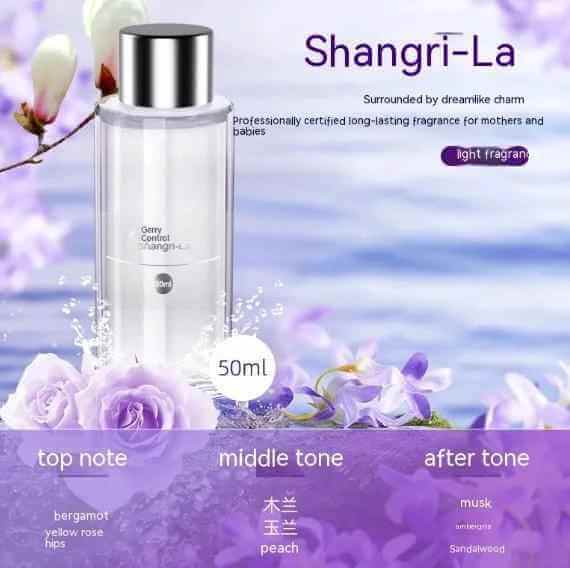 Shangri-La light fragrant spray for mothers and babies in a 50ml bottle with floral background and scent notes.