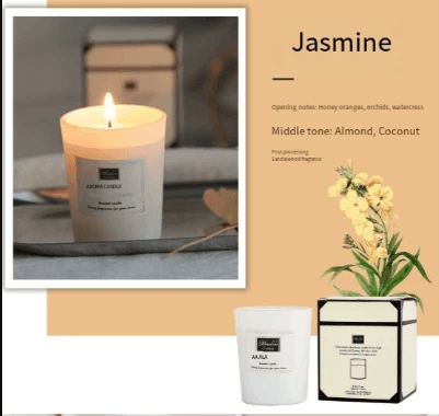 Aromatherapy soy candles featuring Jasmine scent with honey oranges and floral notes, enhancing home ambiance.