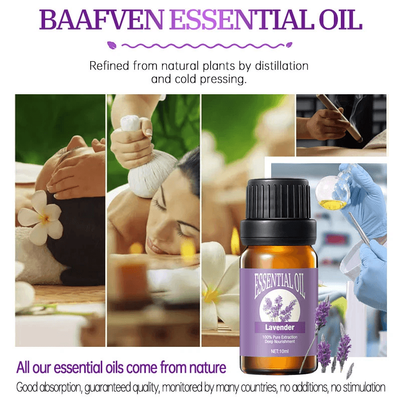 Baafven lavender essential oil for aromatherapy, refined from natural plants, perfect for relaxation and skincare.