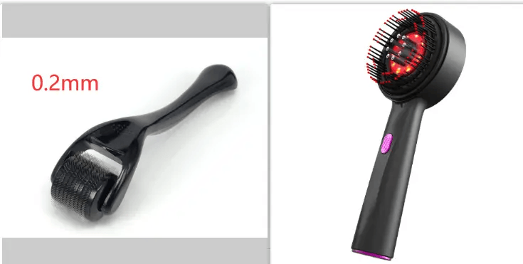 Image of a 0.2mm microneedle roller and a scalp massage comb with red light therapy for hair rejuvenation.